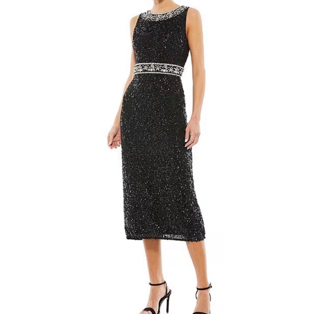 Max Duggal SLEEVELESS HIGH NECK BEADED MIDI SHEATH DRESS 10739